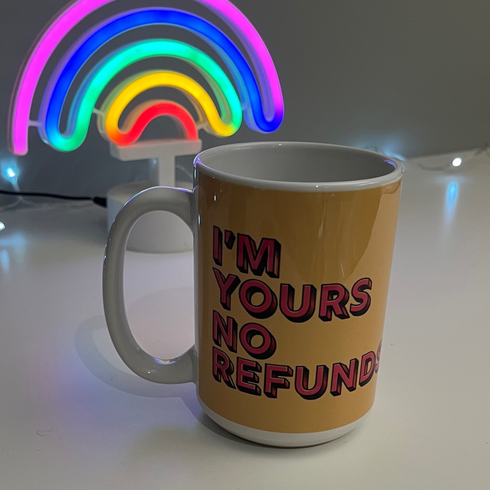 Society6 Yellow Mug with Bold Red Text